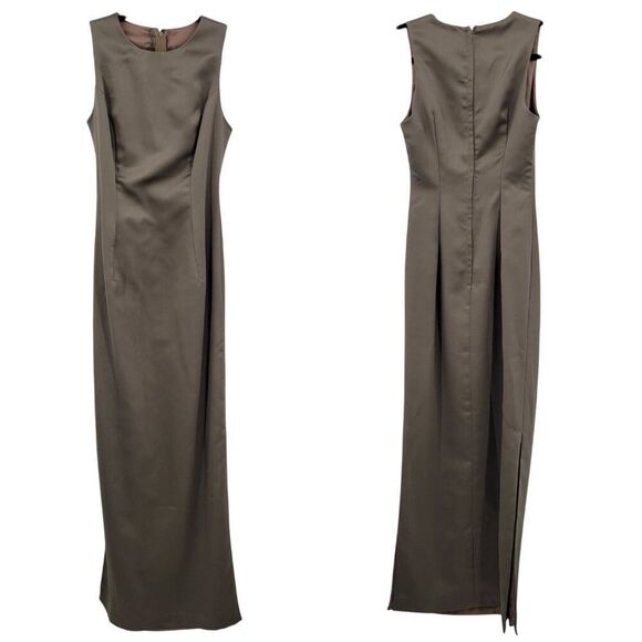 Vintage Womens Satin Sheath Gown Side Slit Size XS Taupe Neutral Cocktail Party - Picture 1 of 12